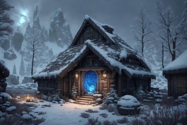 A house in the snow with a blue door that says'the witcher'on it