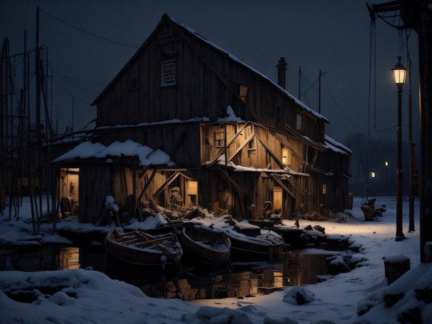 A house in the snow with a boat in front of it