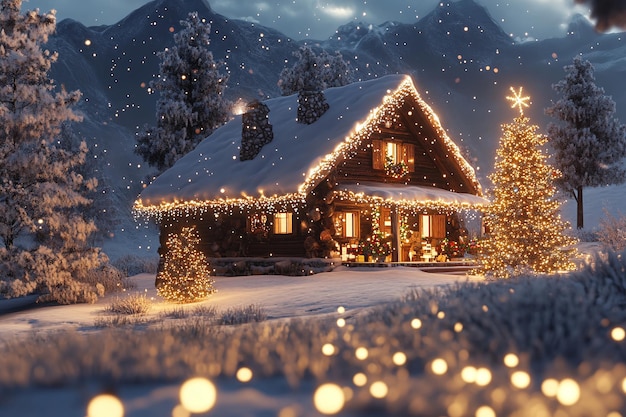 a house in the snow with christmas lights in the background