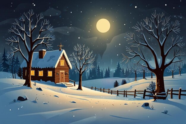 Photo a house in the snow with a full moon in the background