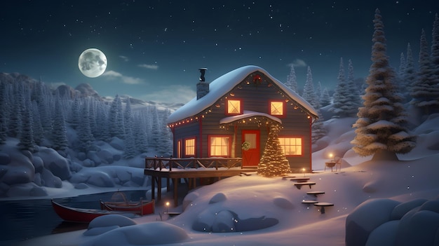 A house in the snow with a full moon behind it