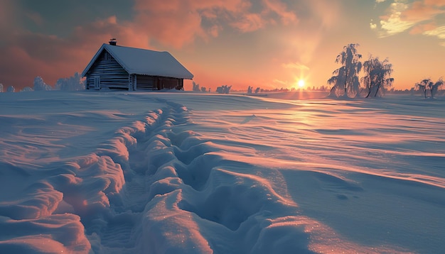 a house in the snow with a house in the background