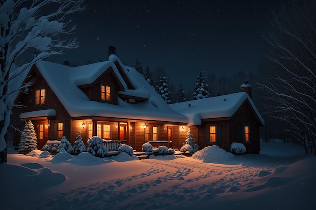 A house in the snow with the lights on