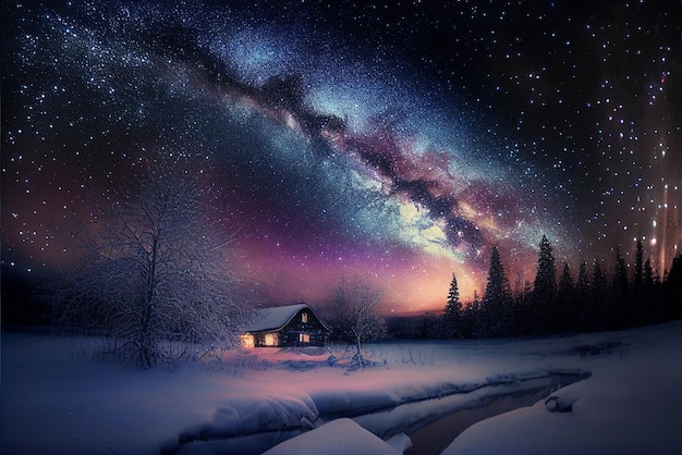 A house in the snow with the milky way above it