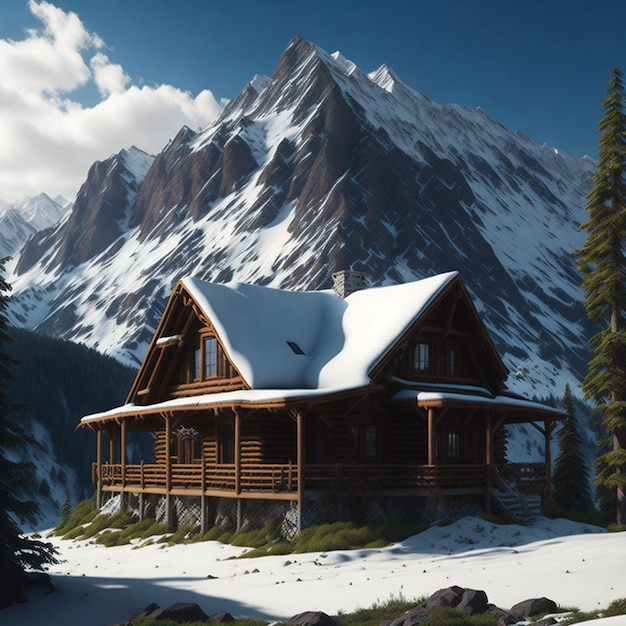 A house in the snow with the mountains in the background.