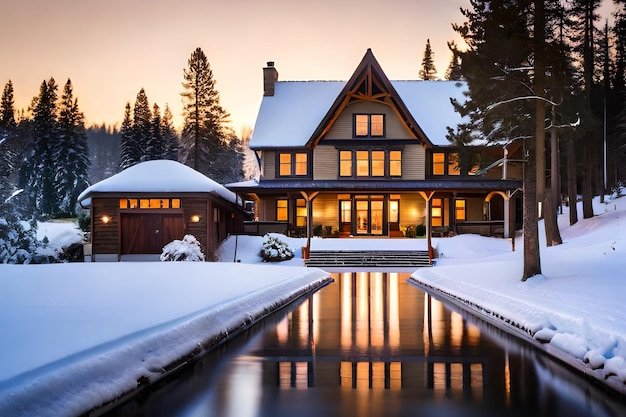 A house in the snow with a pond in front of it