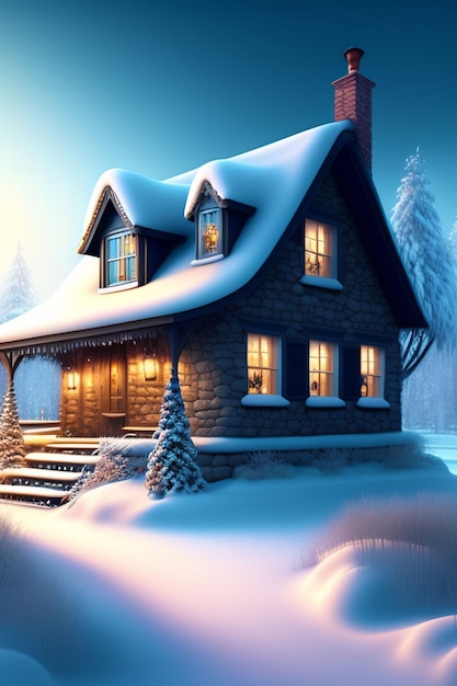 A house in the snow with a snow covered roof