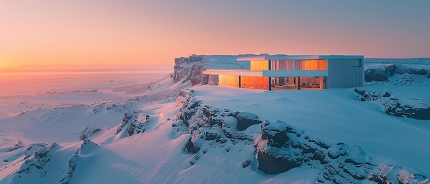 a house in the snow with a sunset in the background