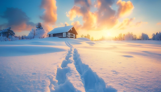 a house in the snow with a sunset in the background