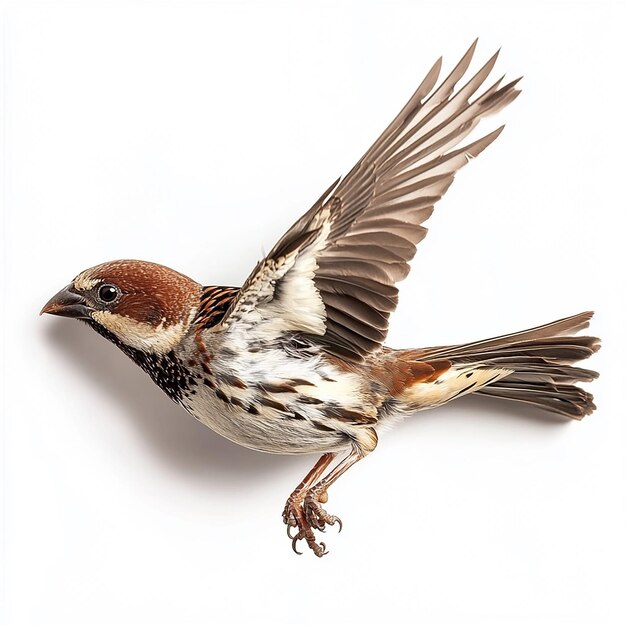 Photo house sparrow flying bird in flight sparrow on white bird wings spread