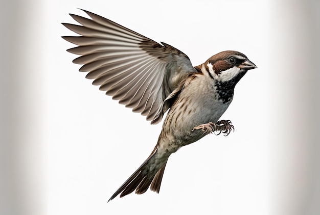 House sparrow flying over a white background Passer domesticus