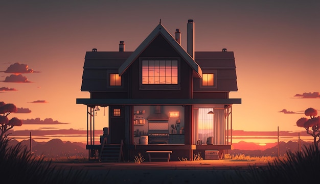 A house in the sunset with a sunset background