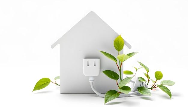 House symbol with plug like a plant Save energy concept isolated with white highlights