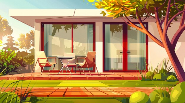 Photo house terrace with chairs table and glass doors vector cartoon illustration of summer garden or backyard landscape with green grass trees and empty cottage veranda with wooden floor