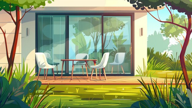 Photo house terrace with chairs table and glass doors vector cartoon illustration of summer garden or backyard landscape with green grass trees and empty cottage veranda with wooden floor