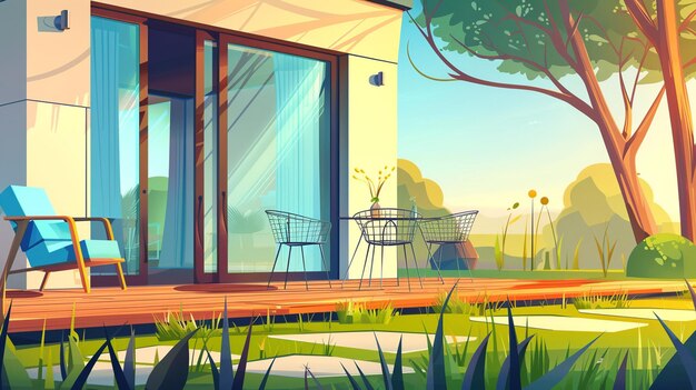 Photo house terrace with chairs table and glass doors vector cartoon illustration of summer garden or backyard landscape with green grass trees and empty cottage veranda with wooden floor