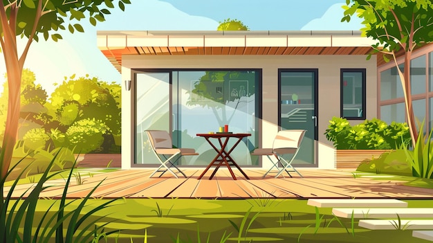 Photo house terrace with chairs table and glass doors vector cartoon illustration of summer garden or backyard landscape with green grass trees and empty cottage veranda with wooden floor