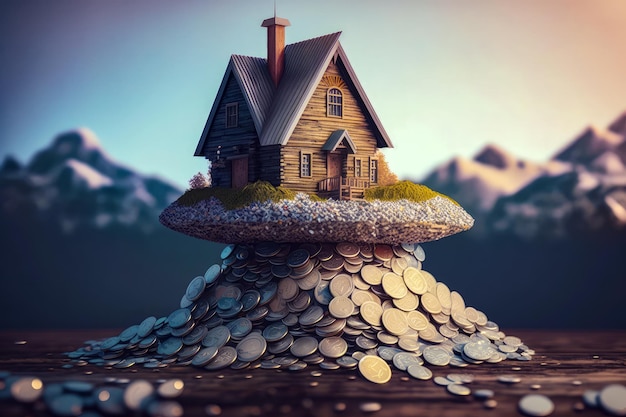 House on top of coins with mountains in the background Generative AI