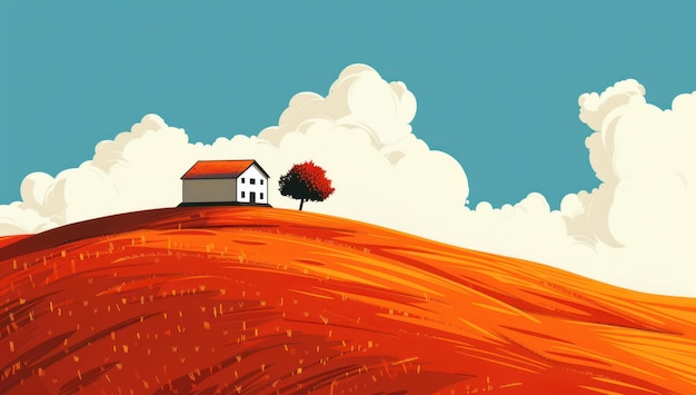 Photo a house on top of a hill surrounded by red grass with white clouds in the blue sky creating an orange