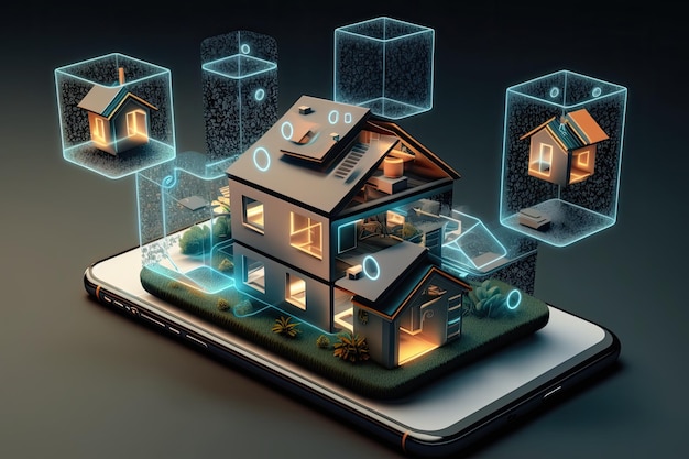 House on top of a smartphone symbolizing smart home technology Generative AI