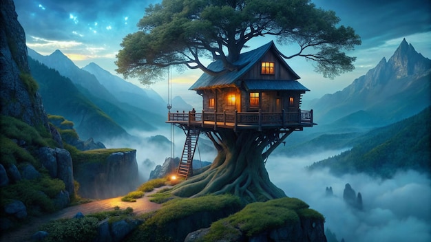 Photo a house on a tree house on a cliff with a tree on the top