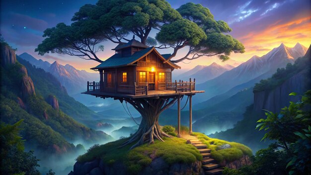 Photo a house on a tree house on a cliff with a tree on the top