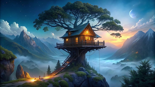 a house on a tree house on a mountain with a tree on the top