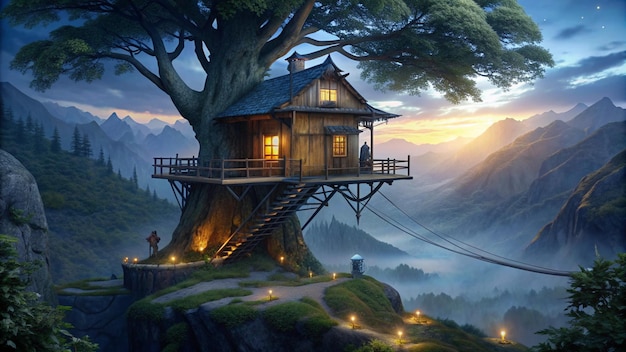 Photo a house on a tree house with a tree on the top