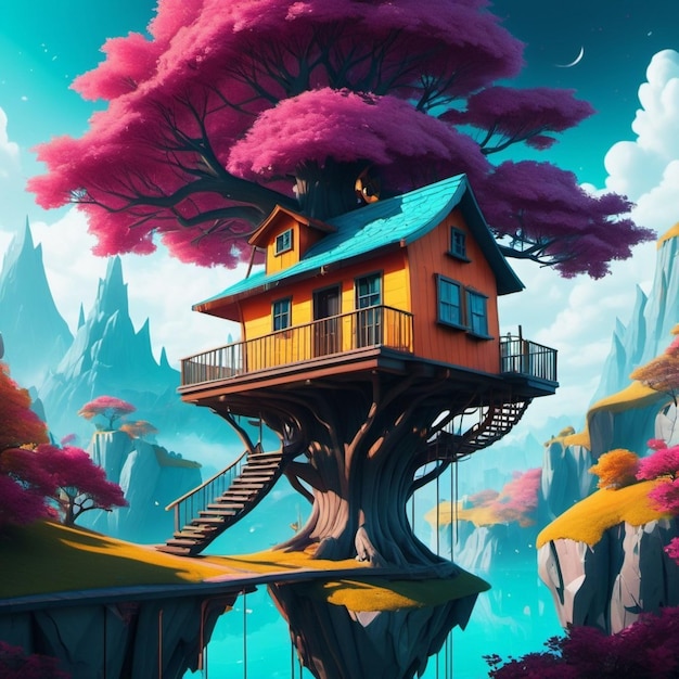 a house on a tree with a blue roof and a tree house on the bottom