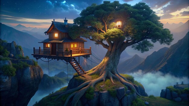 a house on a tree with a house on the top of it