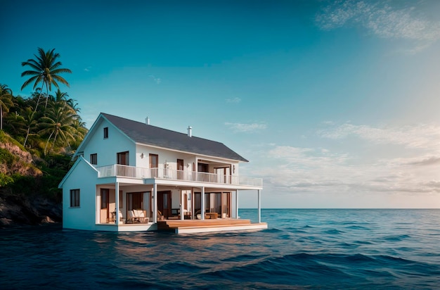 House on water Secluded residential building in ocean sea Generative AI