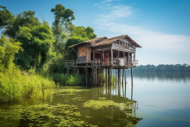 A house on the water with a blue sky in the background