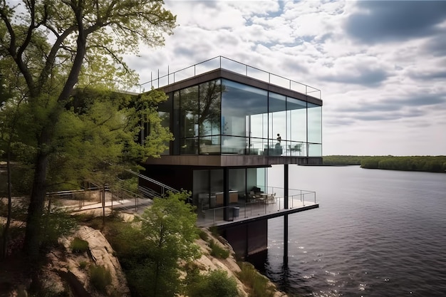 A house on the water with a large glass wall and a lake in the background.