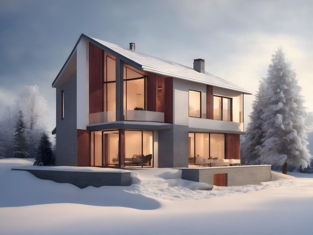 House in winter heating system concept and cold snowy weather