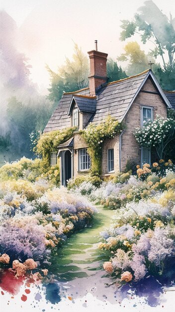 A HOUSE WITH BACKYARD GARDEN IN WATERCOLOR STYLE