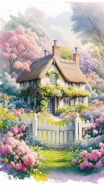 A HOUSE WITH BACKYARD GARDEN IN WATERCOLOR STYLE