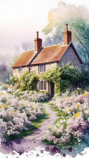 A HOUSE WITH BACKYARD GARDEN IN WATERCOLOR STYLE