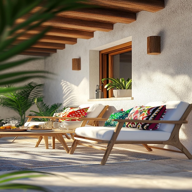 a house with a balcony and a lounge chair with a green palm tree in the background