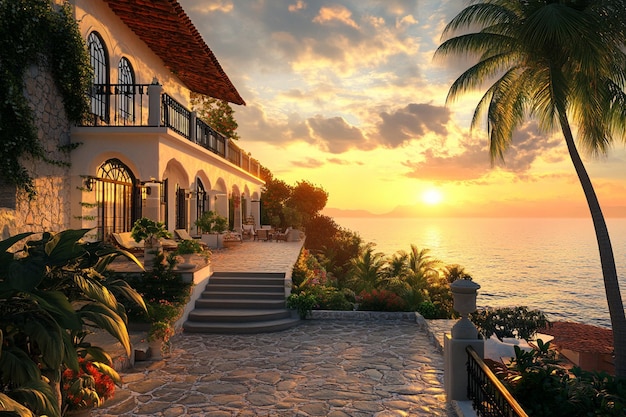 a house with a balcony and a palm tree on the right