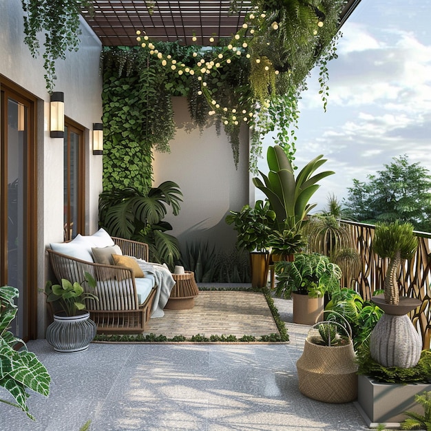 a house with a balcony and a plant with a sign that says quot welcome to the world quot