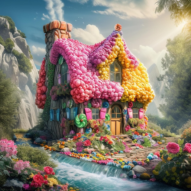 a house with balloons on the roof and a house with a waterfall in the background