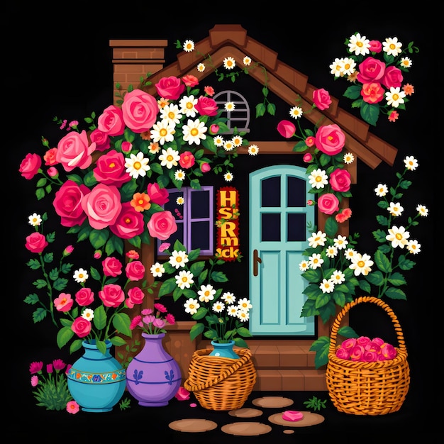 a house with a basket of flowers and a basket of flowers