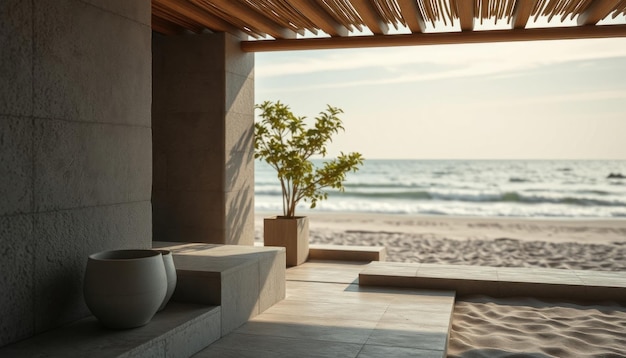 a house with a beach scene and a plant on the right side