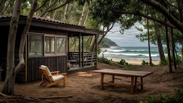 a house with a beach view and a chair and a table with a chair