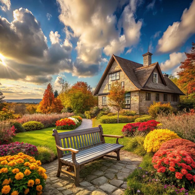 Photo a house with a bench and flowers in front of it