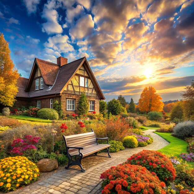 a house with a bench and flowers in front of it