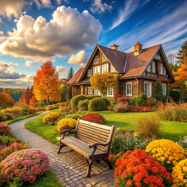 a house with a bench and flowers on the ground