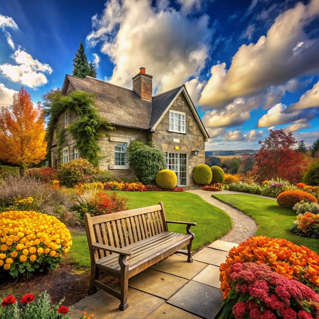 Photo a house with a bench and flowers on the ground