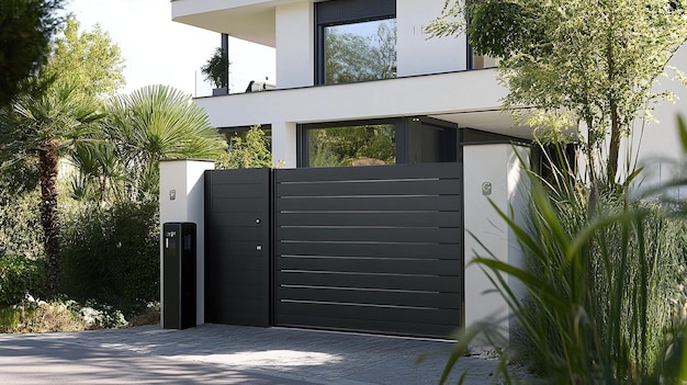 a house with a black door that says  the garage