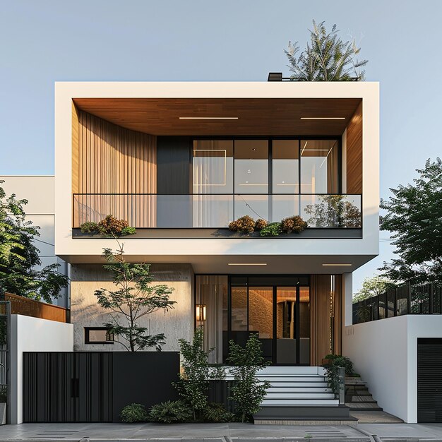 a house with a black fence and a white staircase